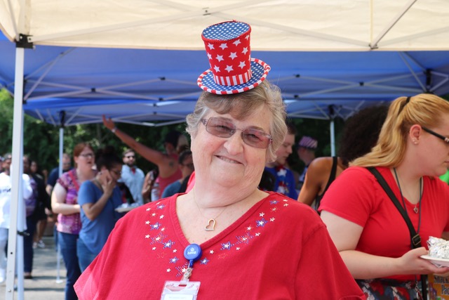 Woman wearing patriotic hat